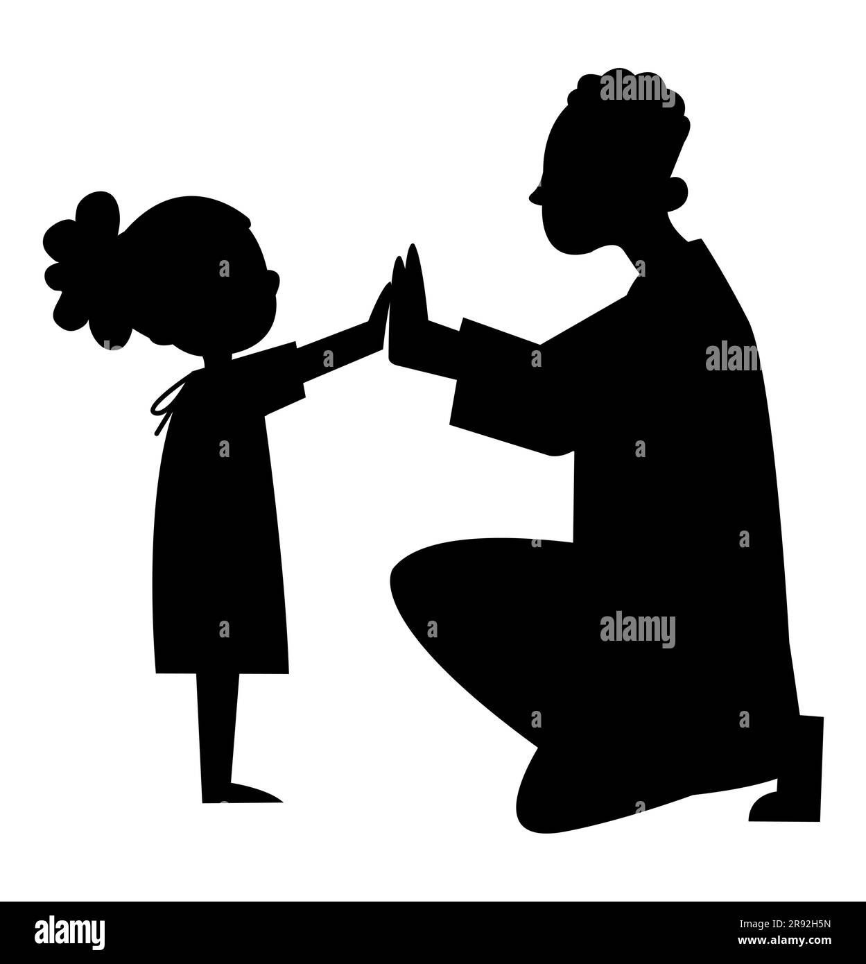Black silhouette of a little girl patient high-fiving a male doctor before surgery, medical success, doctor high five a patient, vector isolated on wh Stock Vector