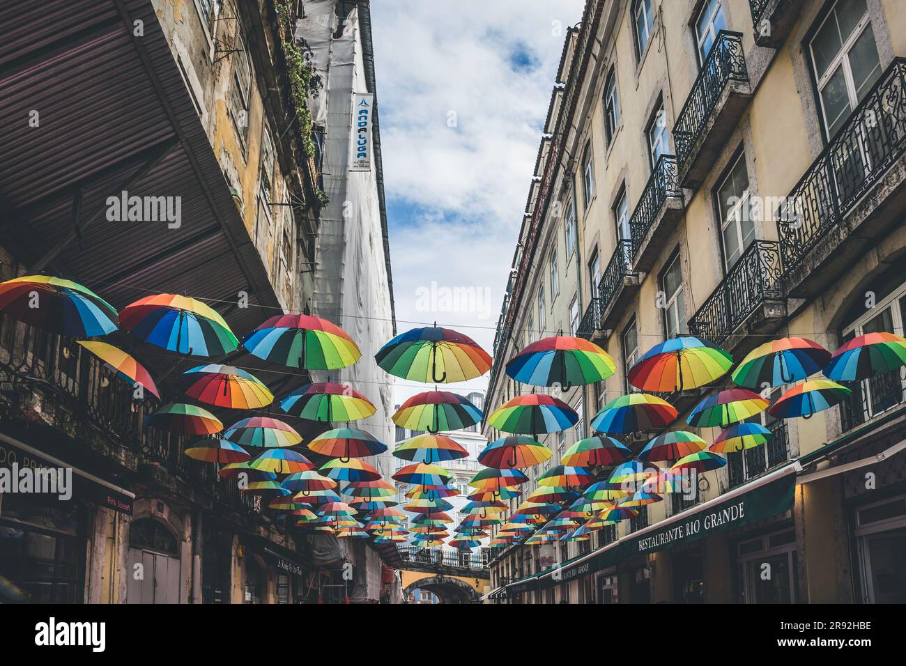 Lisbon, Portugal March 8, 2023 Colorful umbrellas floating above on