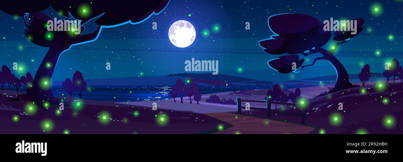 Night landscape with moon in starry sky and fireflies cartoon vector background scene. Nighttime