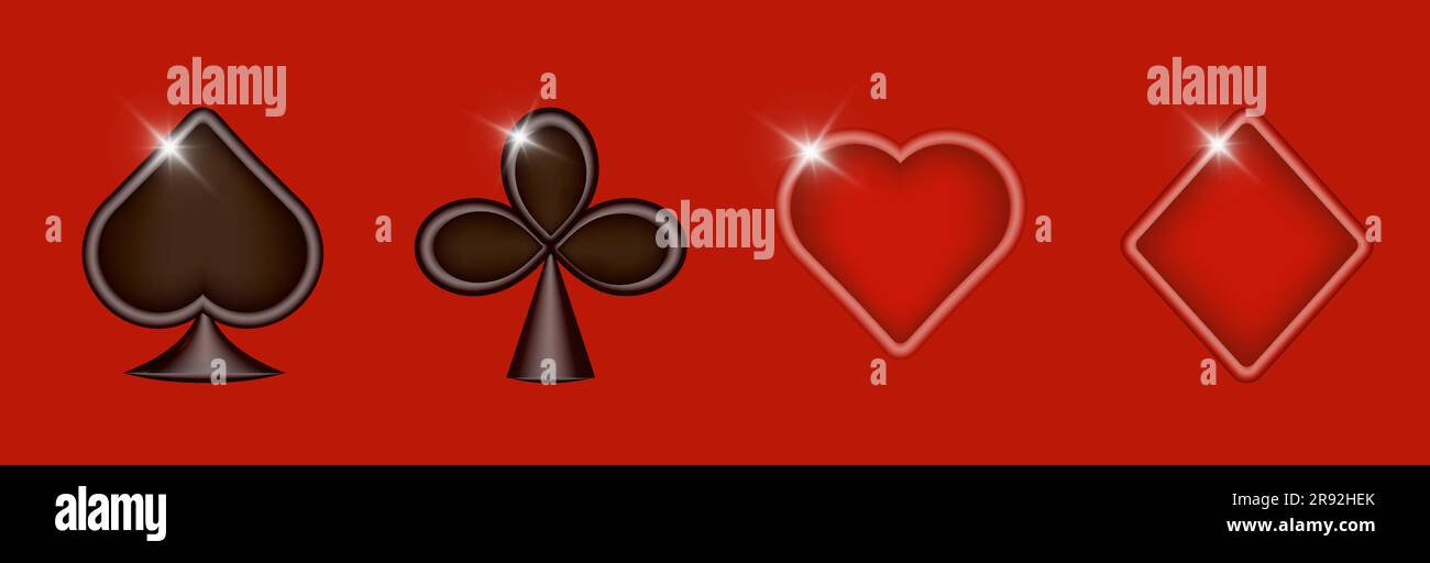 Hearts, Diamonds, Clubs, Spades Glossy playing card suit symbols with border. Vector