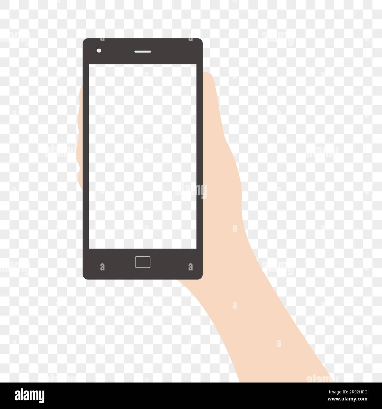 Hand holding phone Online communication or business Empty screen Vector illustration Isolated on transparent background Stock Vector