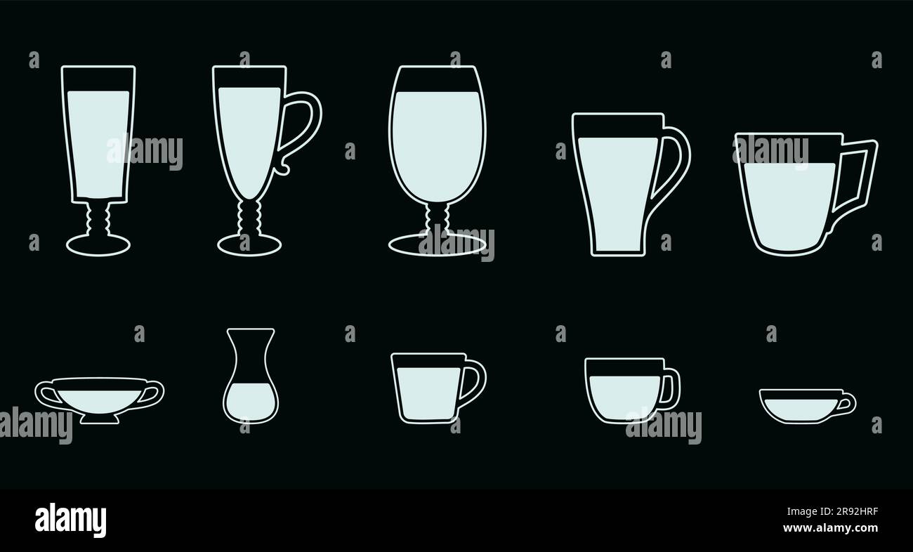 Glasses of hot or cold drink Tea and coffee line icon set Vector illustration Isolated on dark background Stock Vector