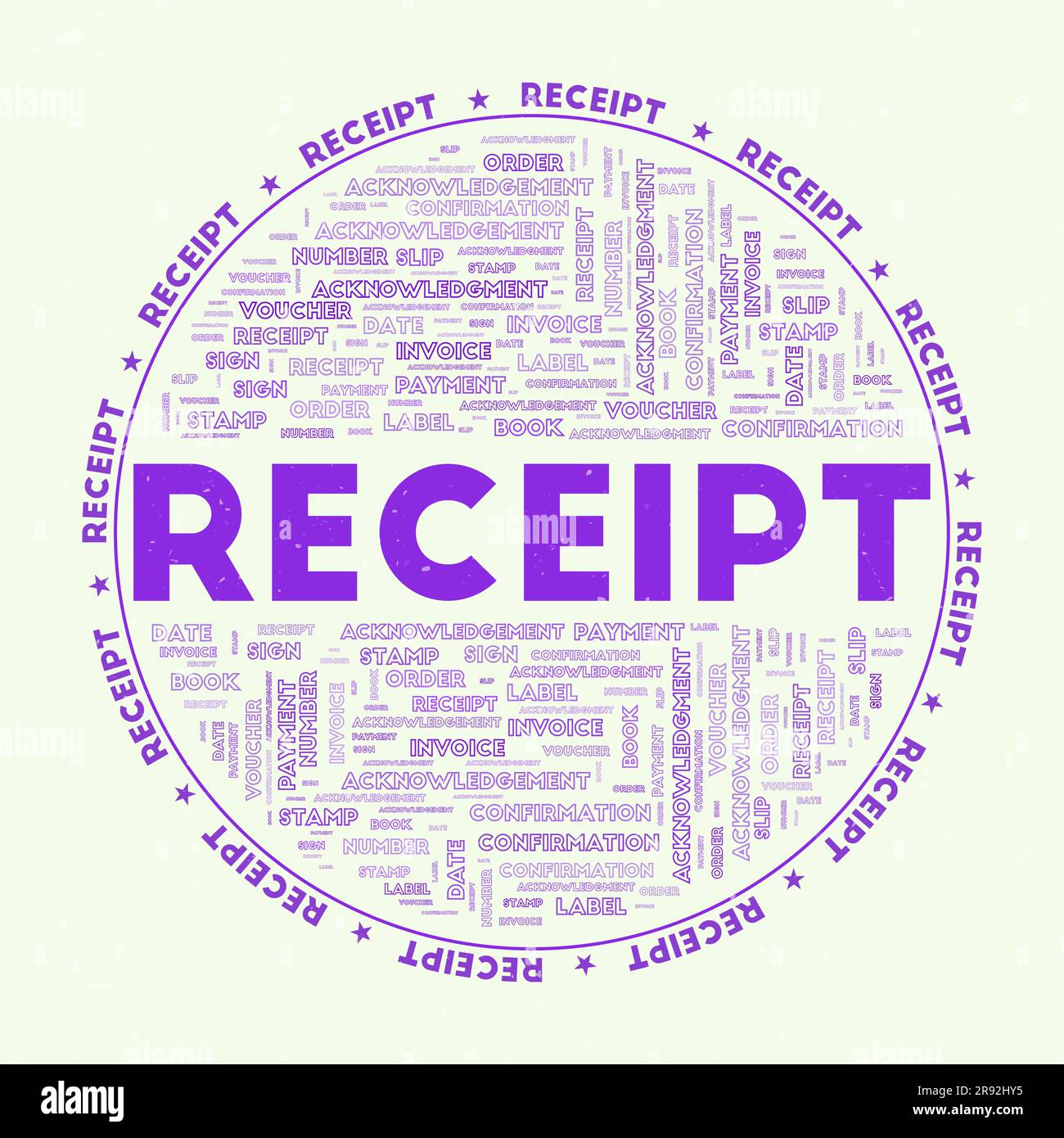 Receipt - round badge. Text receipt with keywords word clouds and circular text. Hokkaido Lavender color theme and grunge texture. Stock Vector