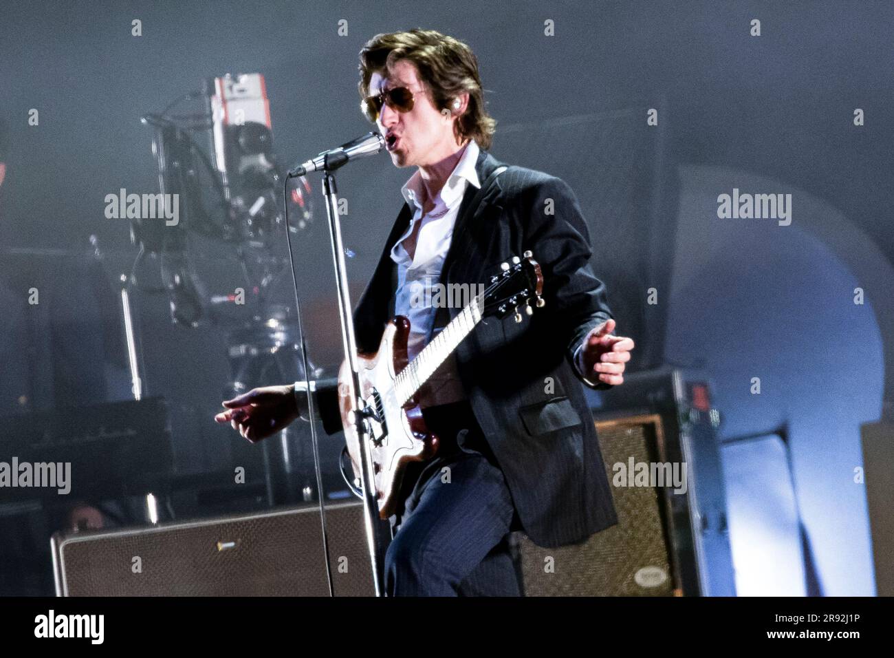 Alex Turner of the Arctic Monkeys performs during the Glastonbury