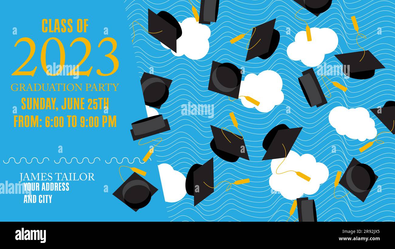 Party in honor of class of 2023 Graduates. Vector design invitation card for college graduate