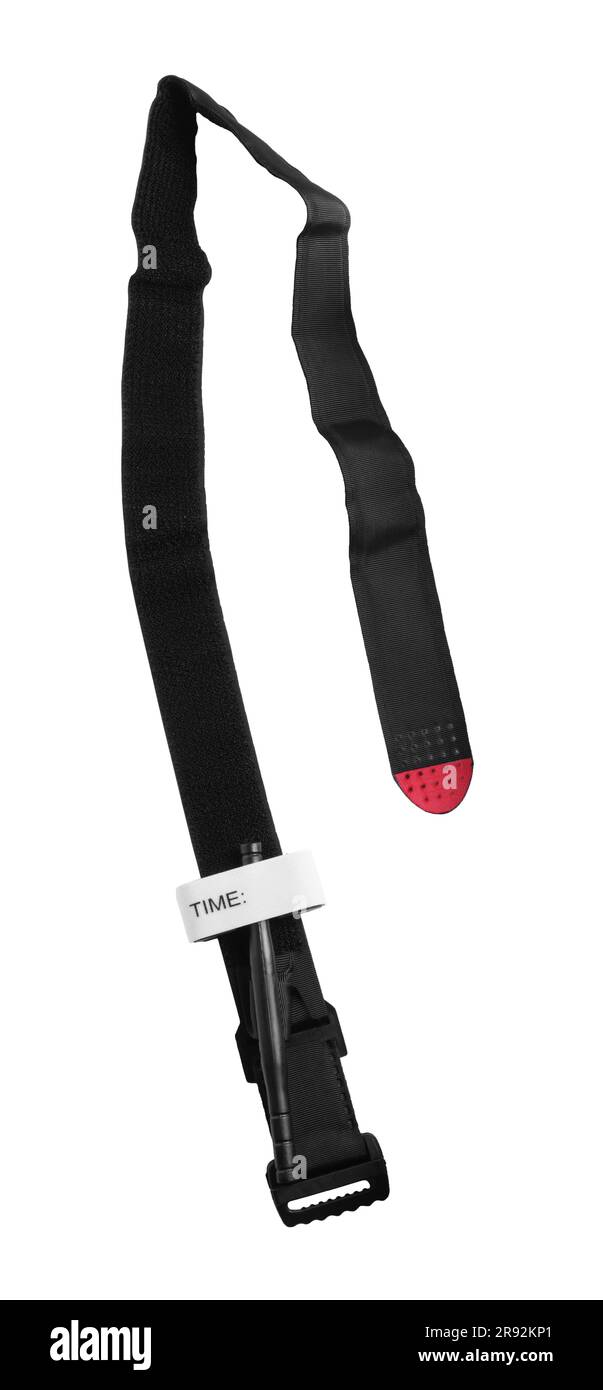 First aid tourniquet isolated on white, top view. Medical equipment