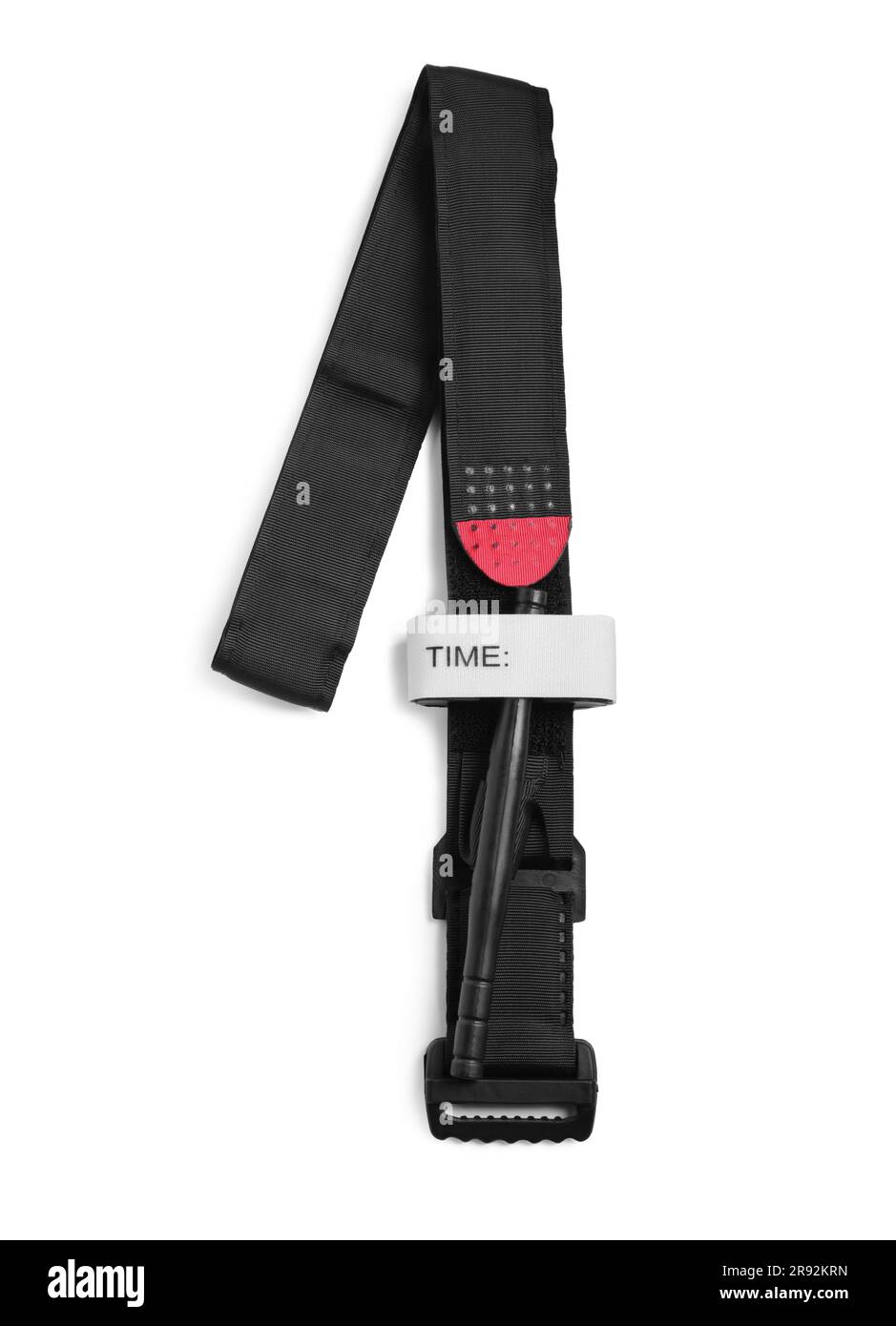 First aid tourniquet isolated on white, top view. Medical equipment