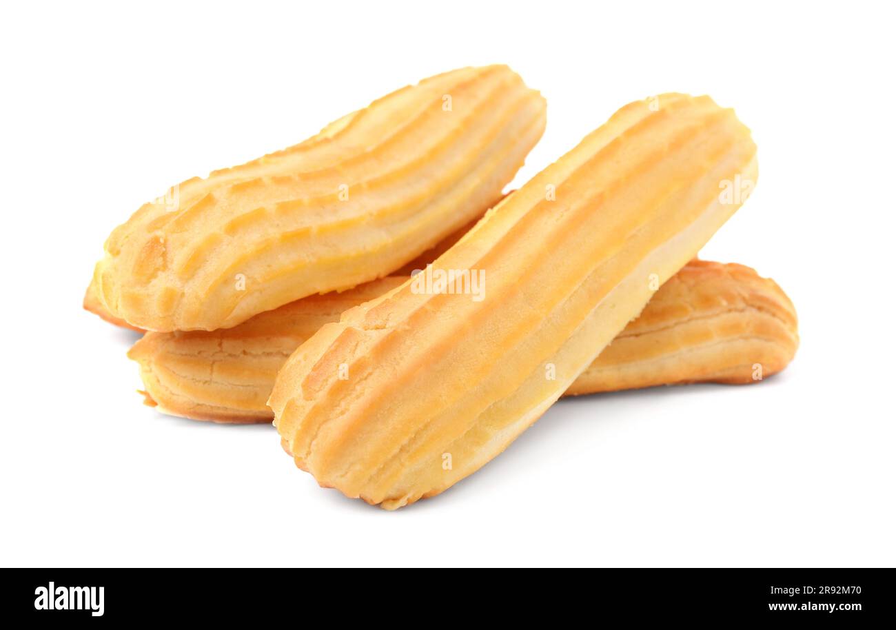 Three fresh delicious eclairs isolated on white Stock Photo