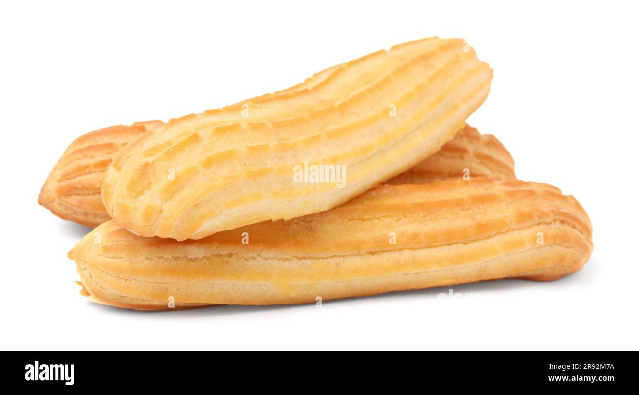 Three fresh delicious eclairs isolated on white Stock Photo