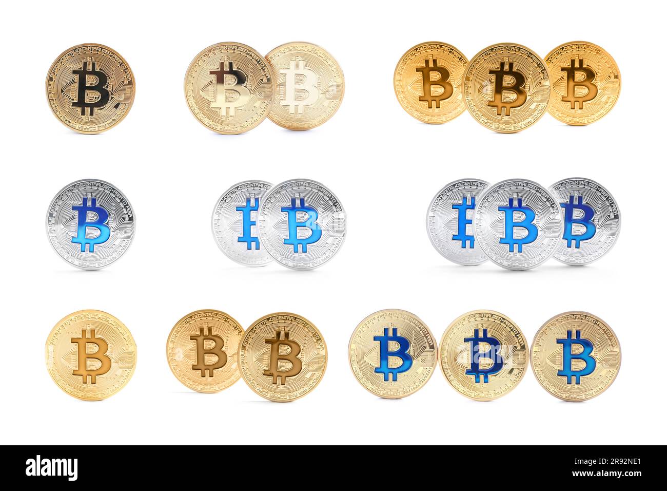 Collage with different bitcoins on white background Stock Photo