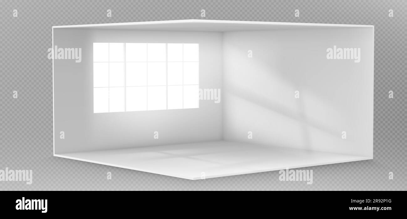 Empty white room with window on wall and light vector background perspective view. 3d studio interior with space inside for conference or gallery exhibition. Realistic clear corner apartment scene Stock Vector