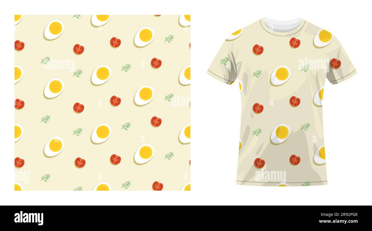 Short sleeved cotton sports t shirt decorated boiled egg, tomato and dill pattern. Healthy breakfast. Comfortable summer clothes. Vector ornament for Stock Vector