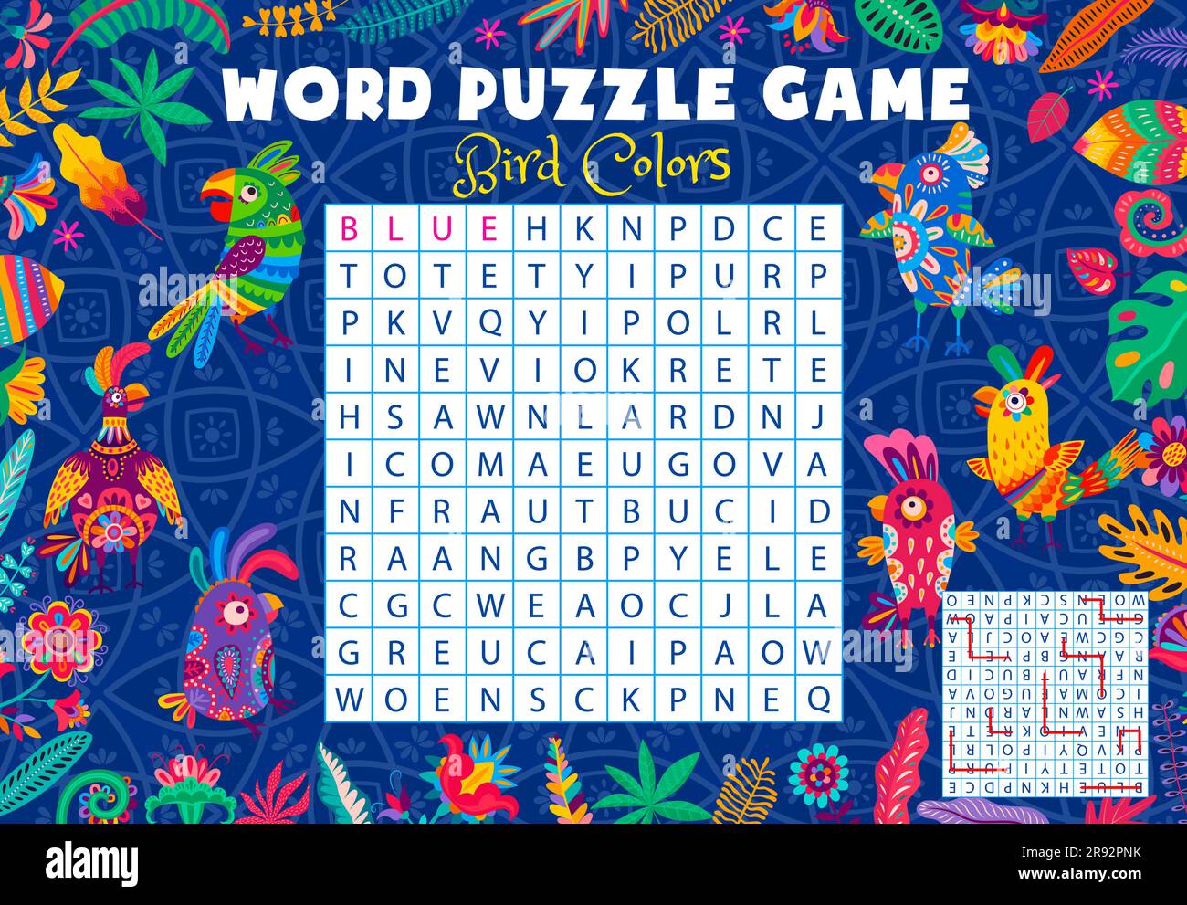 Word search puzzle game with colors of Brazilian parrots, vector quiz worksheet. Tropical jungle parrot birds in colorful flowers to guess and find the color words on kids word search puzzle grid Stock Vector