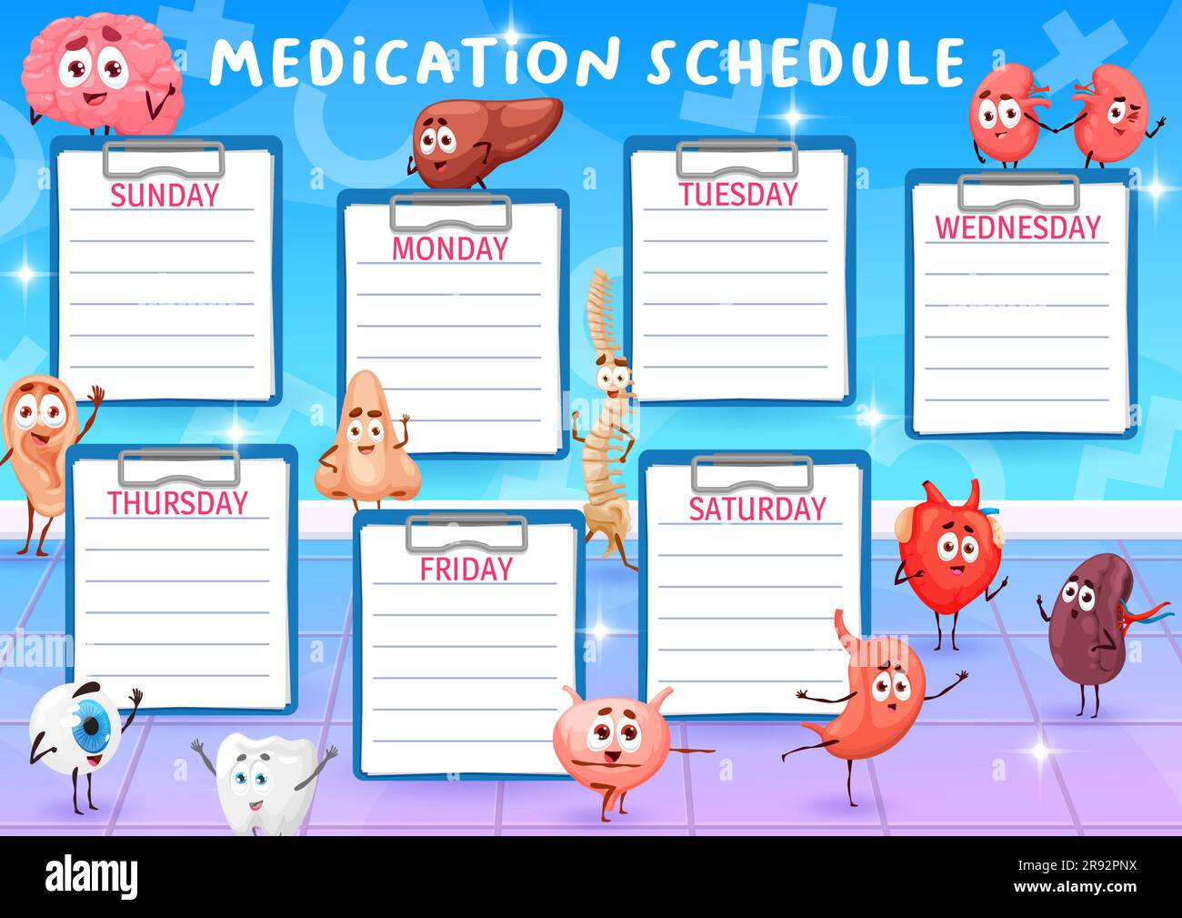 Medication schedule cartoon human organ characters. Medicine school ...