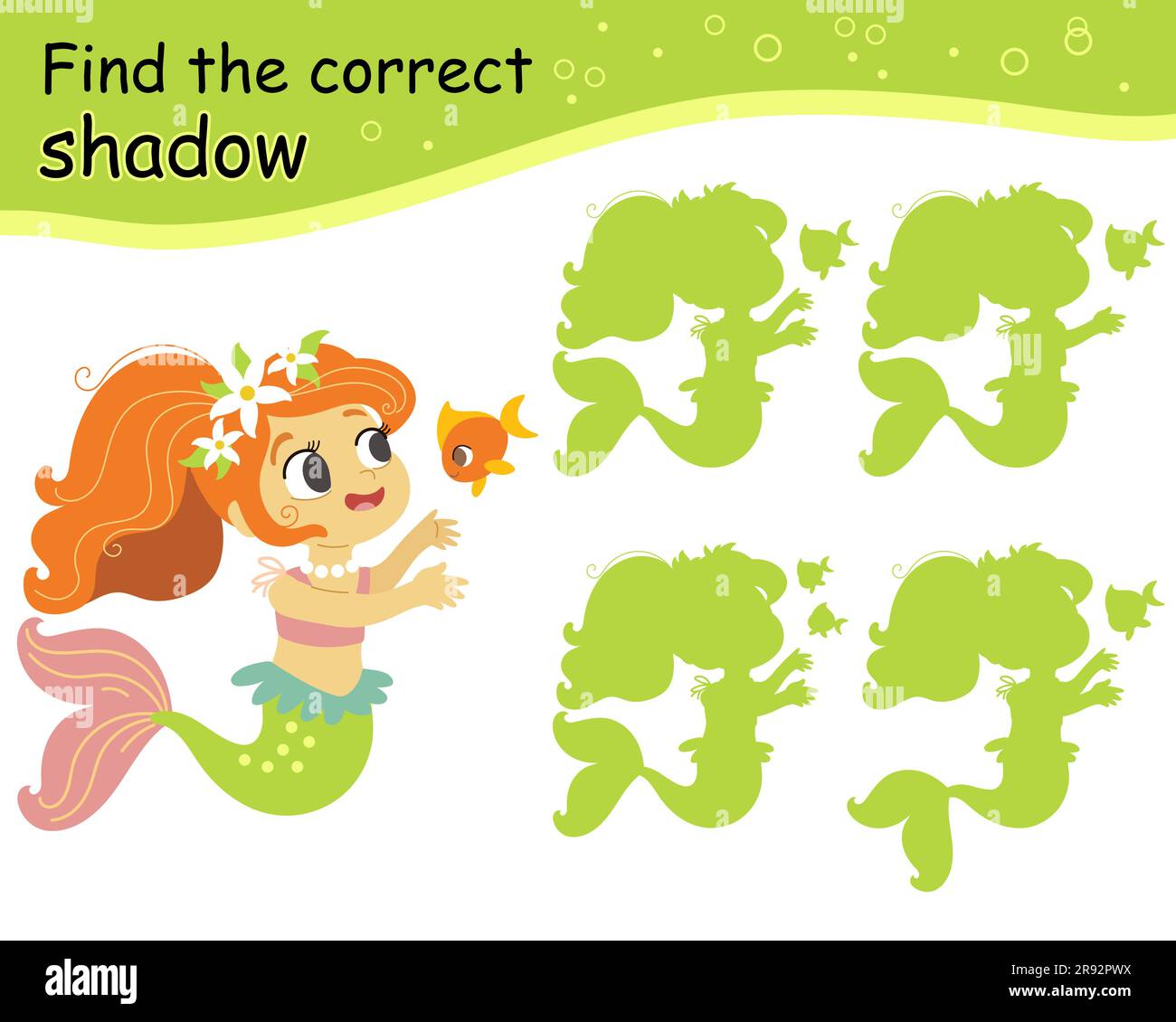 Find the correct shadow game with mermaid and little fish. Kids