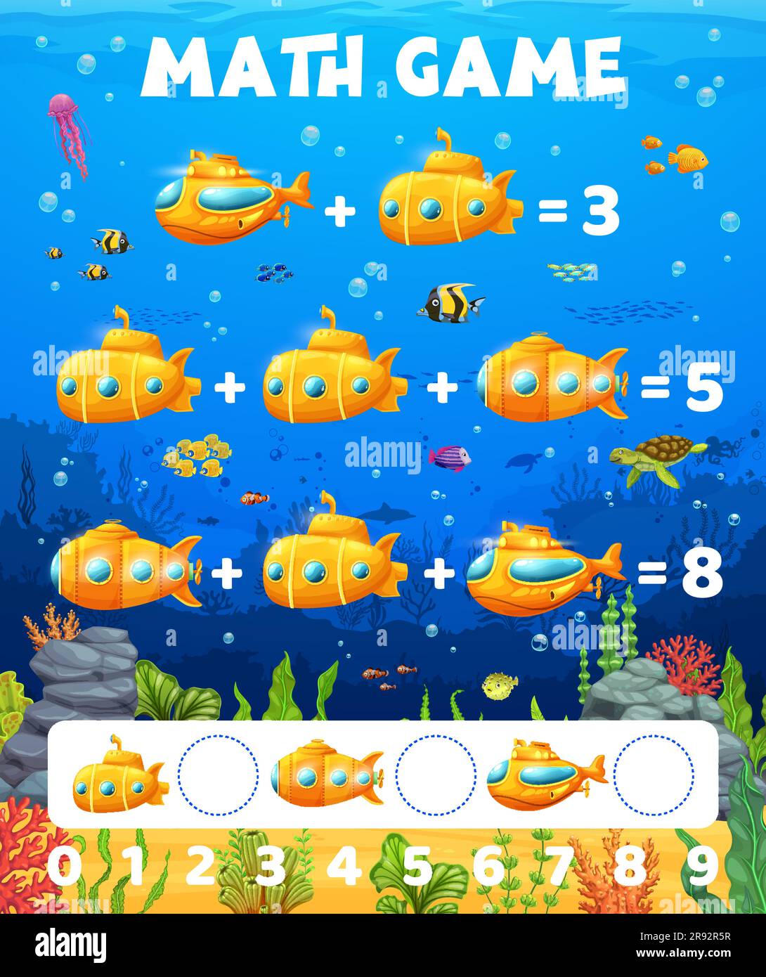 Math game worksheet, cartoon yellow submarine bathyscaphe, vector