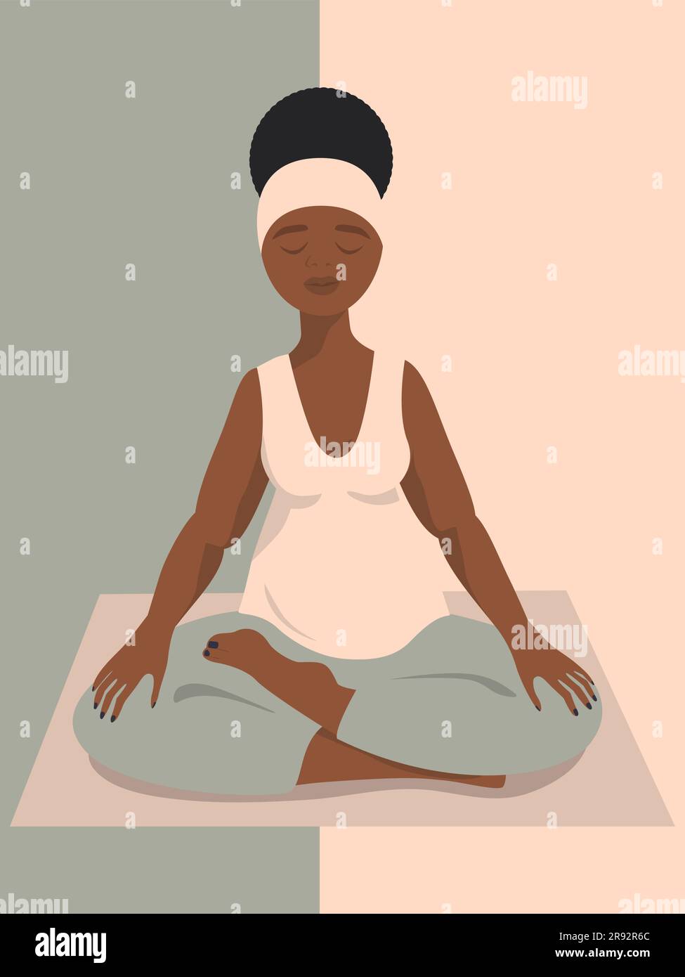 African beautiful pregnant woman practicing lotus asana. Yoga studio poster. Vertical vector illustration Stock Vector