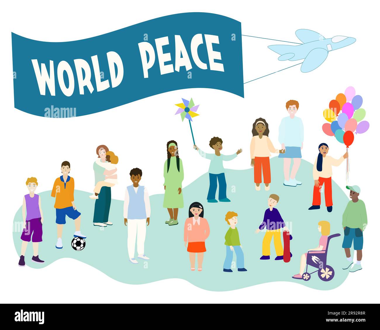 Multi-ethnic group of children and teenagers. Sibling Disabled people. Boy without arm. Girl in wheelchair. Airplane with banner flies in the sky Copy Stock Vector