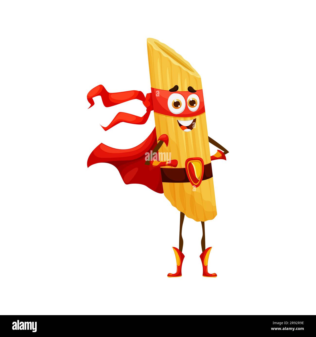Cartoon superhero pasta character, penne in super hero costume, vector