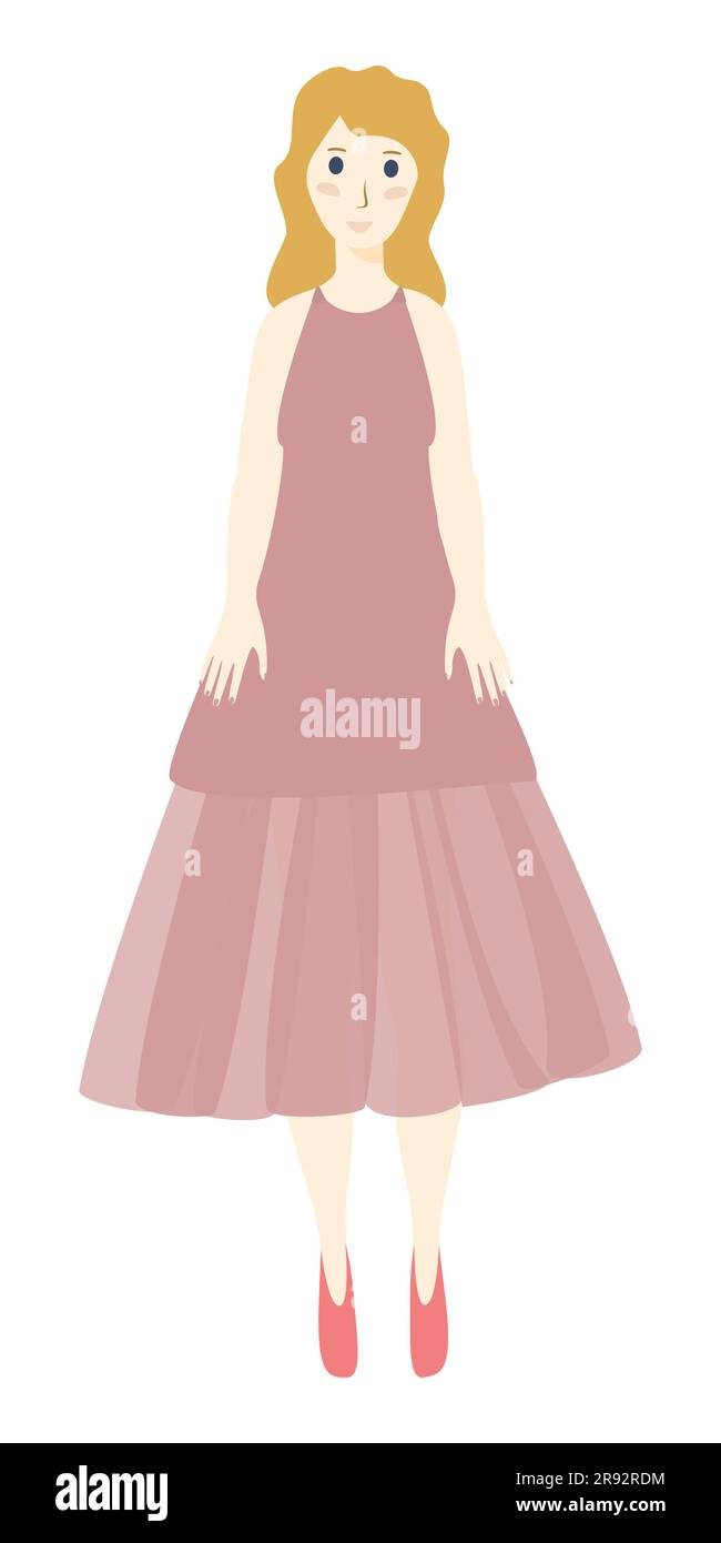 Girl in pink evening gown Full height portrait Front view Vector illustration Isolated on white background Stock Vector