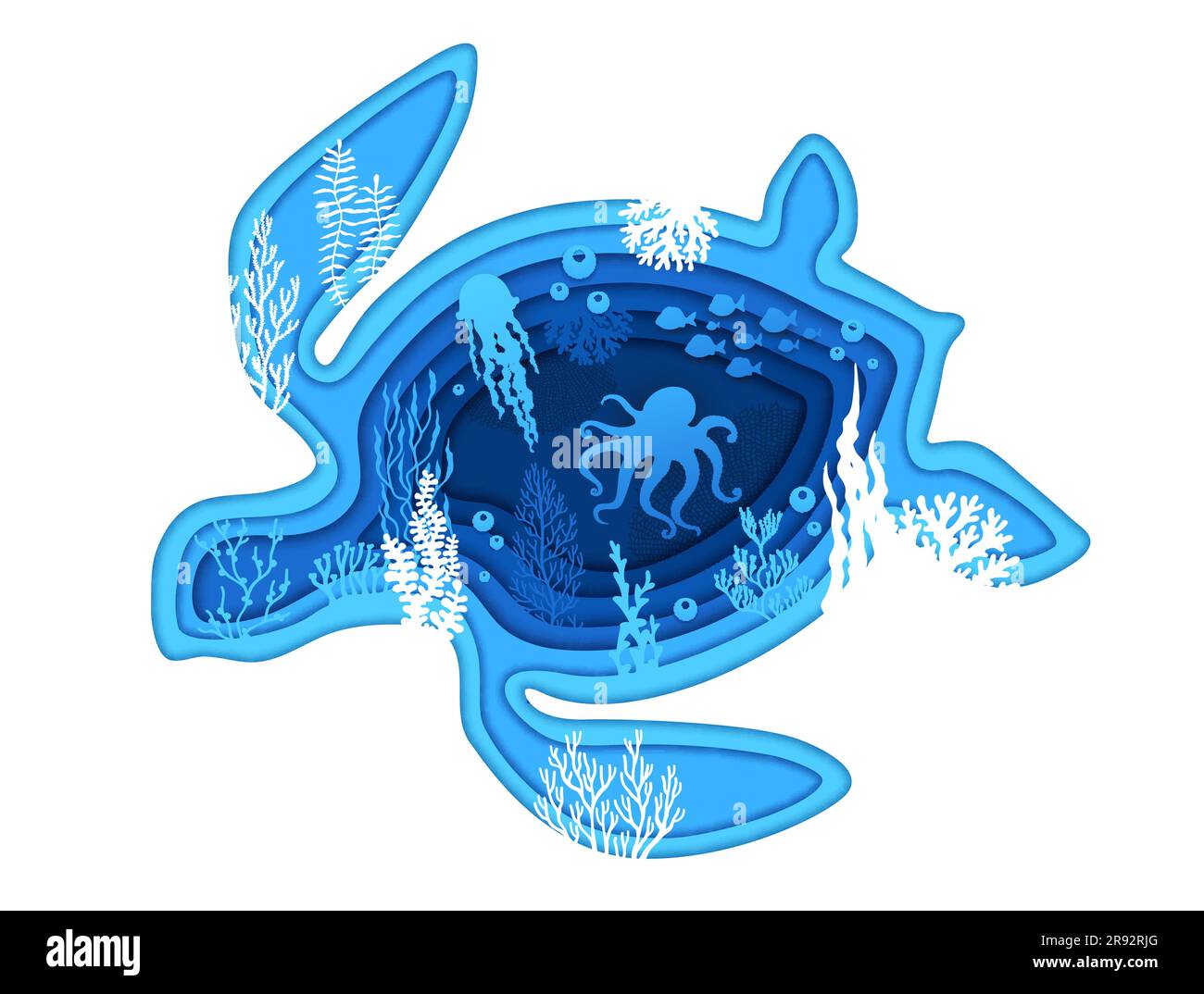 Sea turtle silhouette, underwater paper cut landscape and seaweeds ...