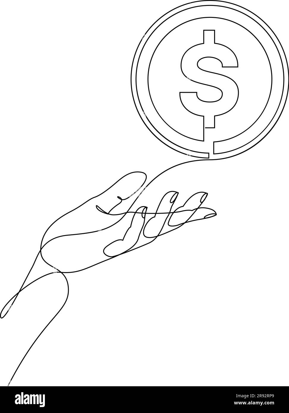 Continuous single line drawing of hand holding dollar coin. Currency, finance and business concept drawn in one line art. Vector illustration Stock Vector
