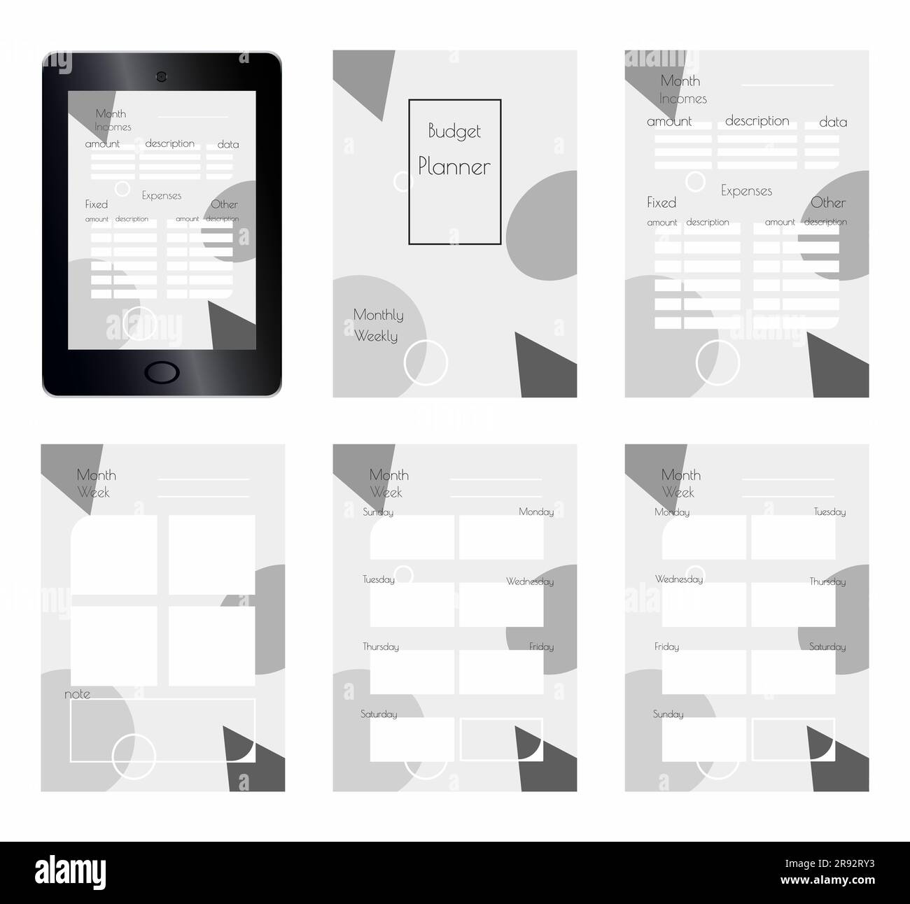 Monochrome Budget Planner template for App or print on paper Size A4.  Abstract colorless geometric background. Printable vertical notebook page. Week Stock Vector