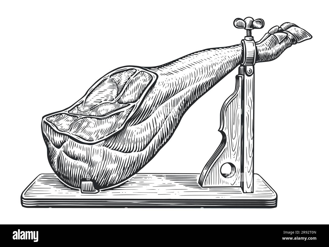 Ham leg on wooden stand. Meat farm pork sketch. Spanish jamon hand