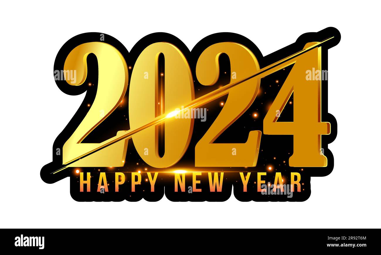 2024 Happy new year golden banner design template. 2024 golden 3d text effect Stock Vector