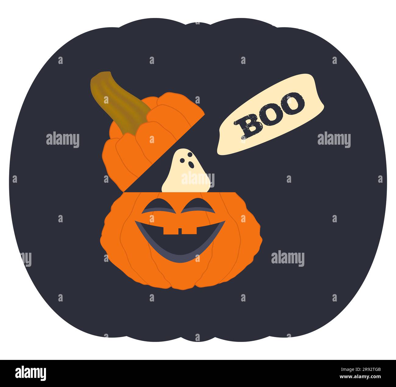 Ghost flies out of pumpkin Halloween sticker Funny gourd for Halloween design Vector illustration Isolated on white background Stock Vector
