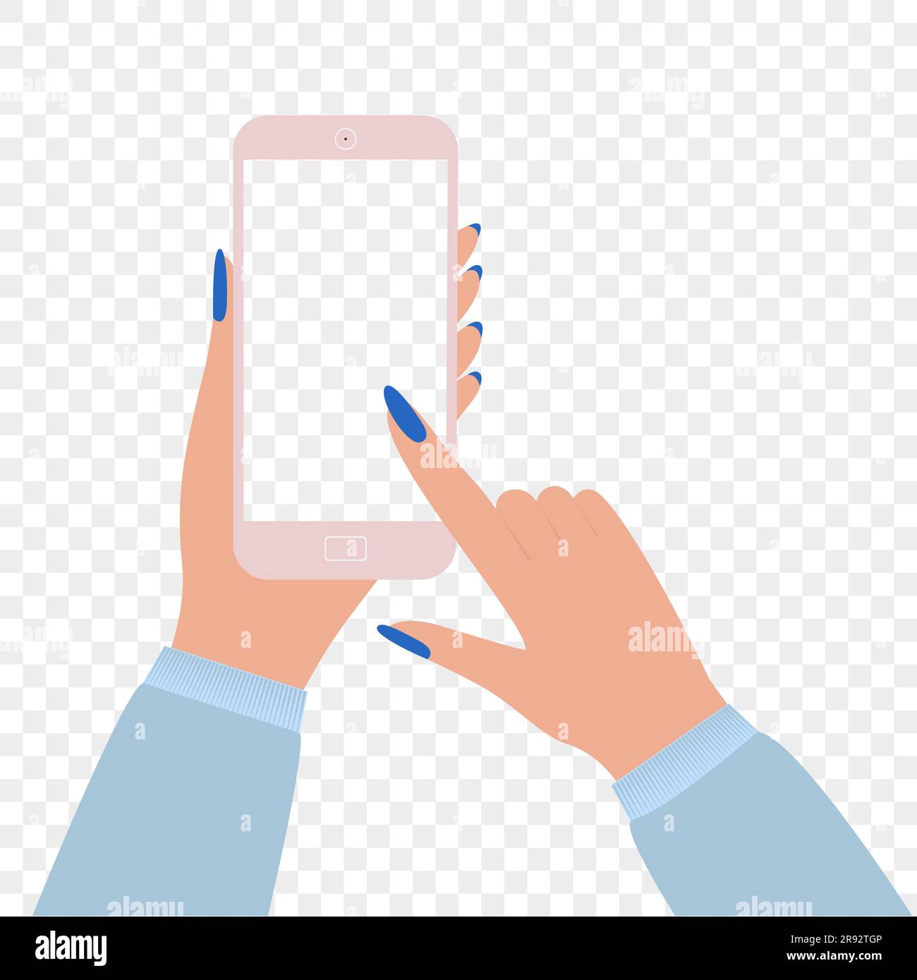 Hand holding phone Online communication or business Empty screen Vector illustration Isolated on transparent background Stock Vector