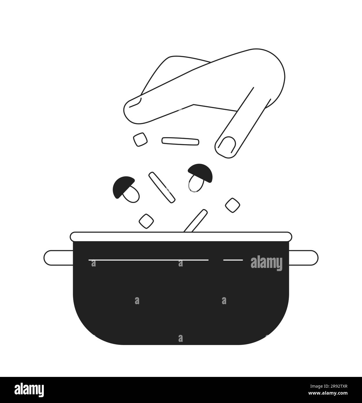 Add vegetables in pan flat monochrome flat vector object Stock Vector