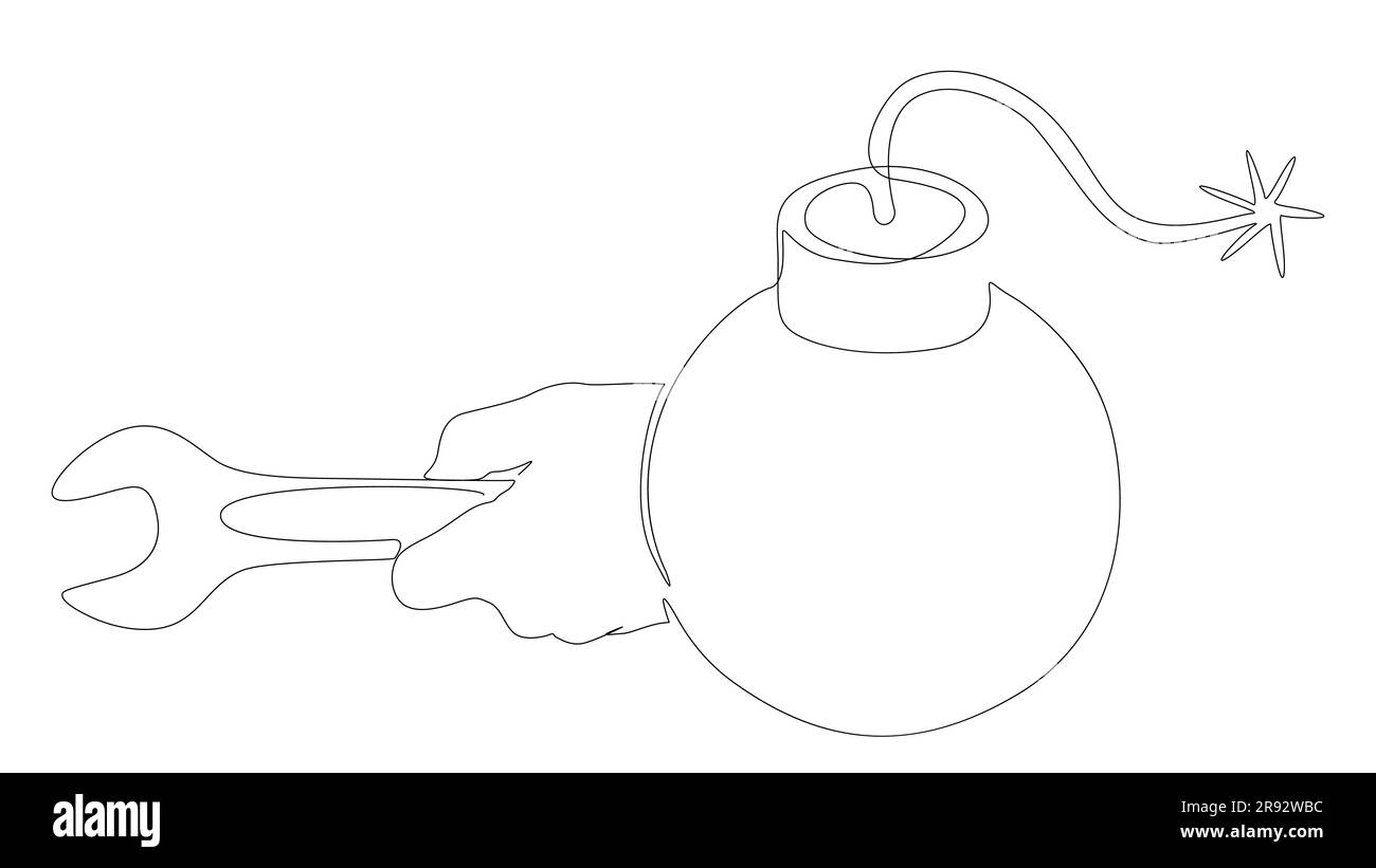 Bomb Engineering Graphics One continuous line of bomb and wrench. Thin Line Illustration vector ...