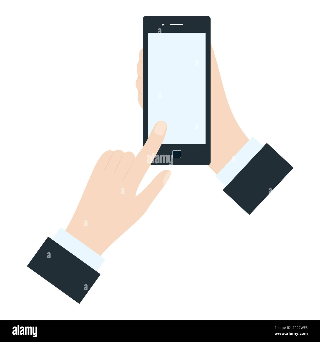 Hand holding phone Online communication or business Empty screen Vector illustration Isolated on white background Stock Vector