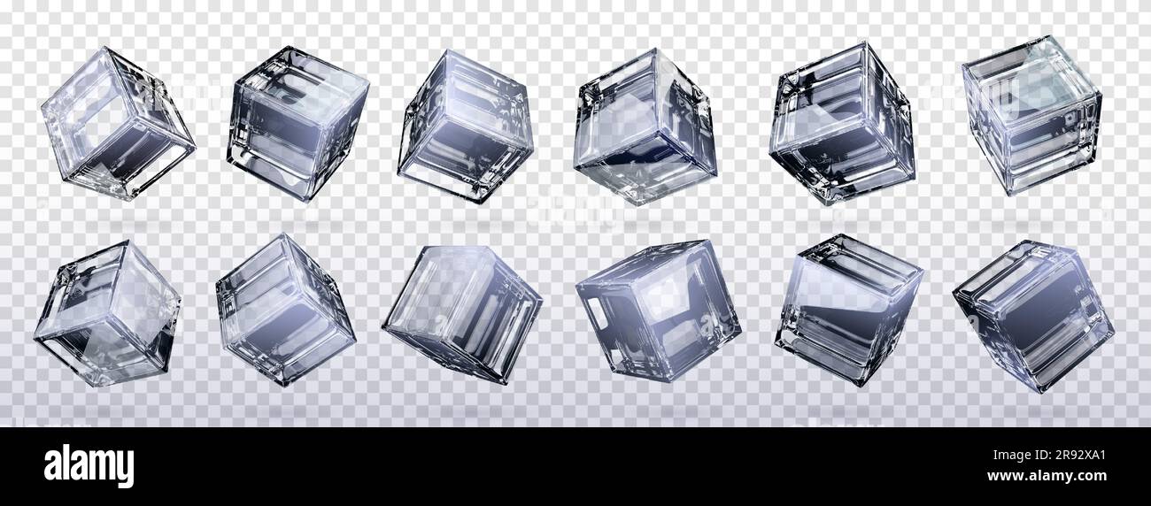 3d glass cube box vector isolated on transparent background. Crear black and white realistic geometric block with reflection. Glossy acrylic object design polygon set. Glassy futuristic art icon Stock Vector