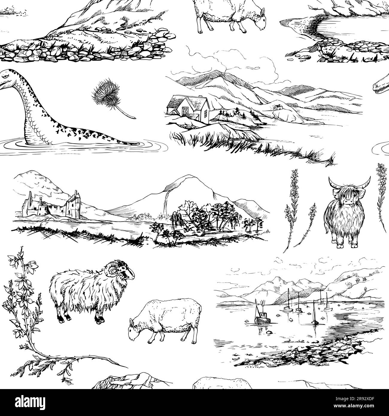 Ink hand drawn graphic vector sketch. Seamless pattern, scottish symbol landscapes and animals. Sheep, hairy coo cow, Loch Ness monster, heather Stock Vector