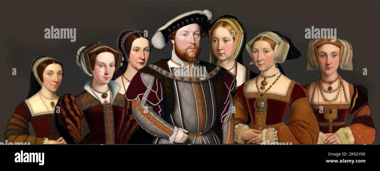 Henry VIII (1491-1547) and his six wives: Catherine Howard, Catherine Parr, Anne Boleyn, Catherine of Aragon, Jane Seymour, Anne of Cleves Stock Vector