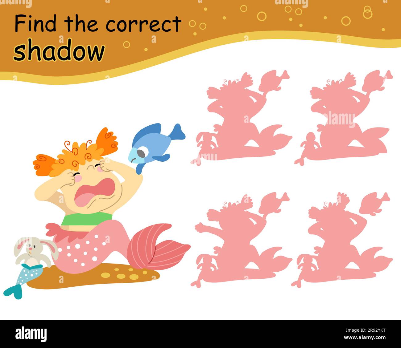 Find the correct shadow game with crying mermaid and a fish. Kids entertainment game. Cute cartoon mermaid. Shadow matching. Activity, logic game, lea Stock Vector