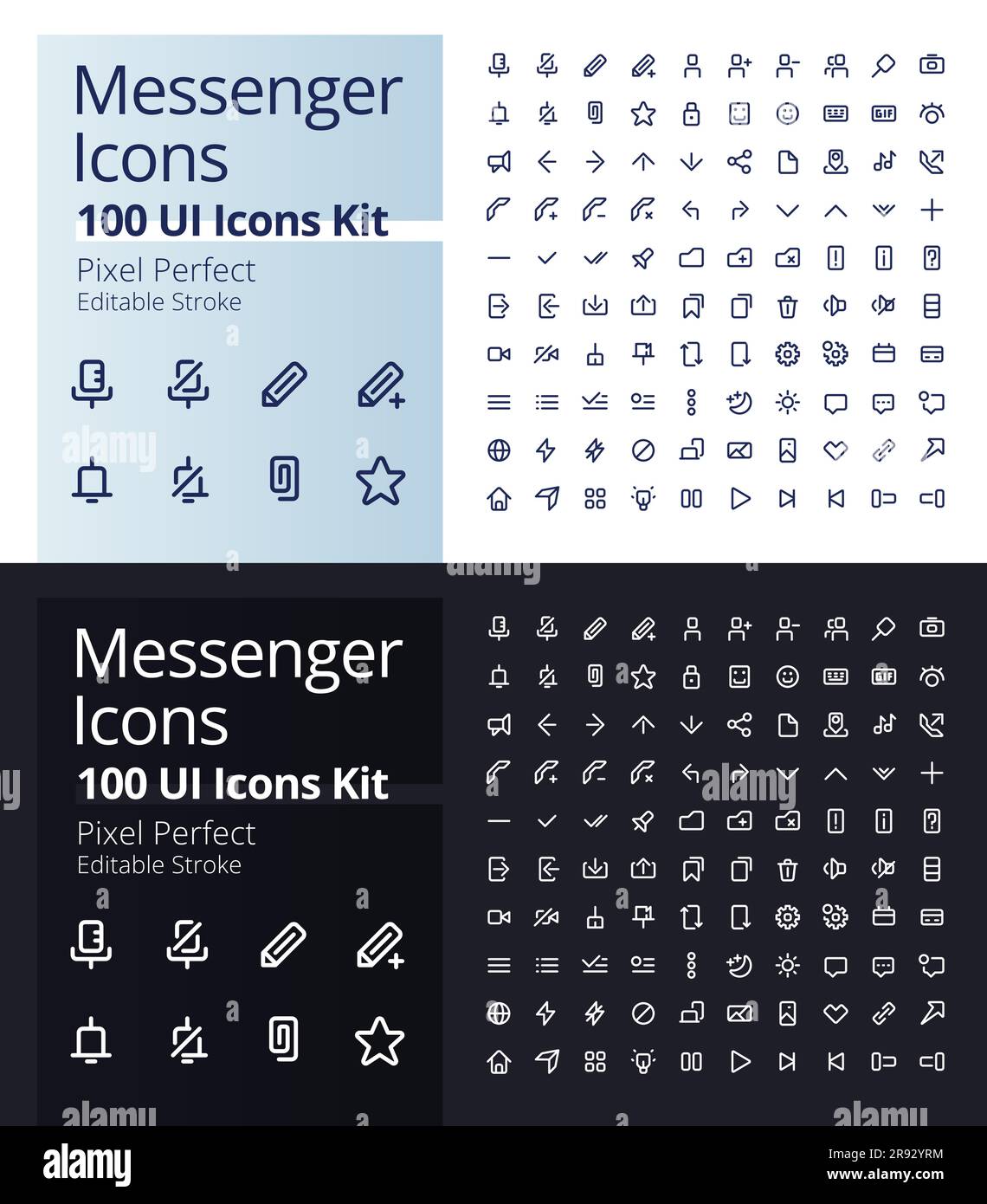 Messenger pixel perfect linear ui icons kit for dark, light mode Stock Vector