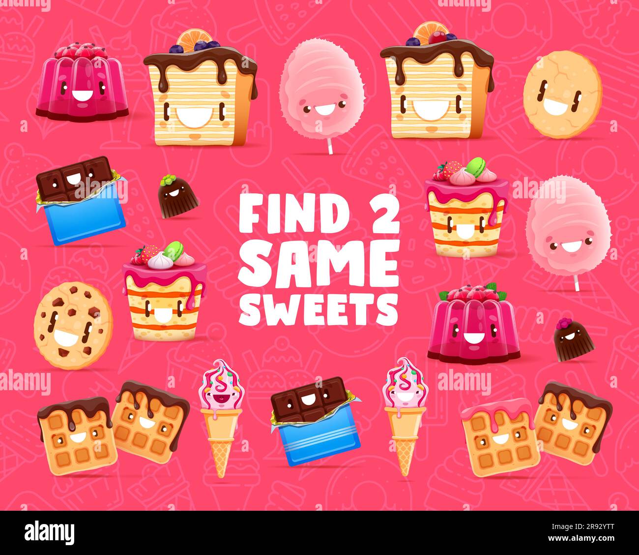 Find two same cartoon sweets, ice cream and dessert characters. Kids game vector worksheet with