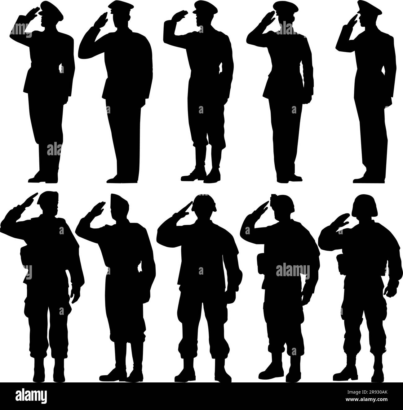 Saluting soldier set silhouette vector, military man concept. Stock Vector