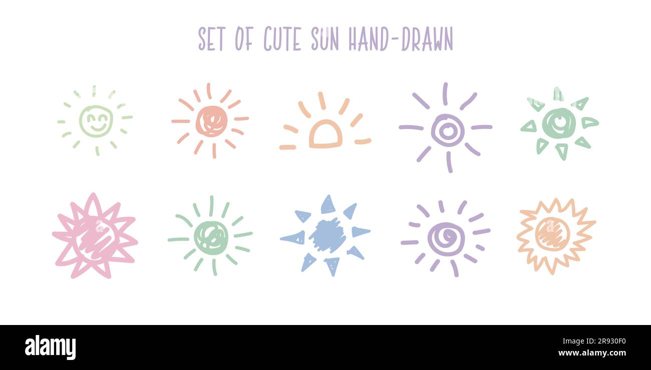 set of cute abstract sun hand drawn using pastel color. vector