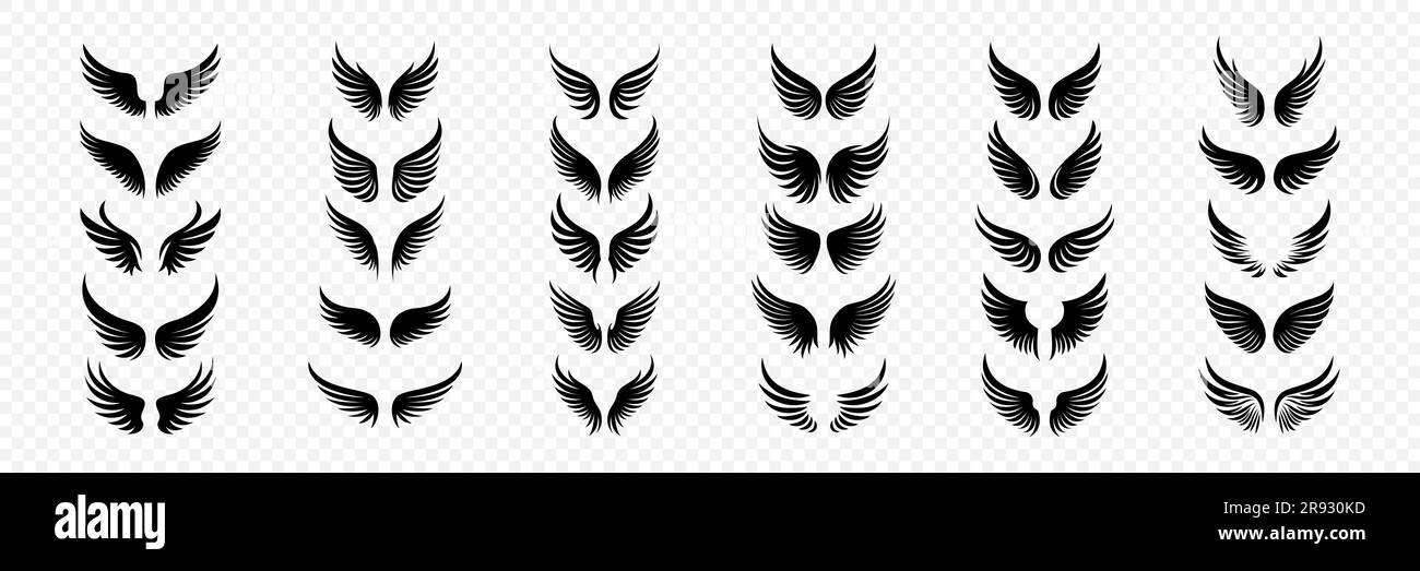 Vector Black and White Wing Icon Set. Vintage Angel Wings Silhouette
