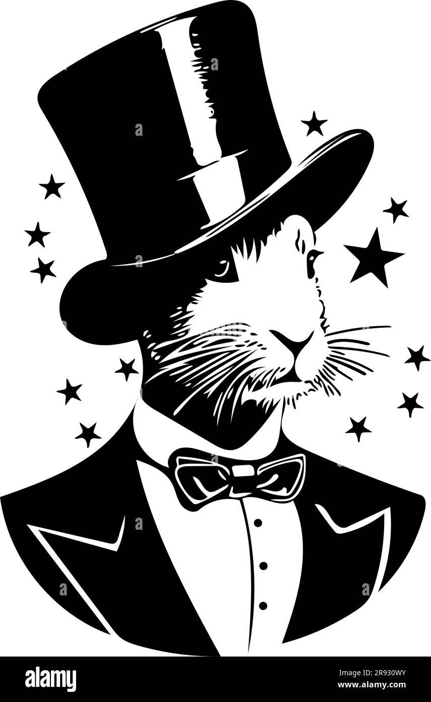 Rabbit with top hat and tailcoat. Vector in black symbolizes a magician. Stars all around. Transparent background. Stock Vector
