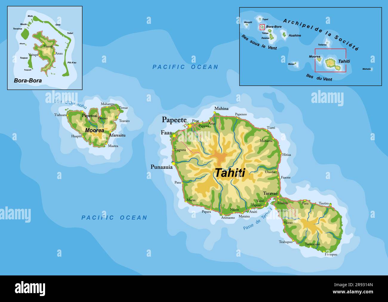 Highly detailed physical map of Tahiti and Bora-Bora in vector format,with all the relief forms,regions and big cities. Stock Vector
