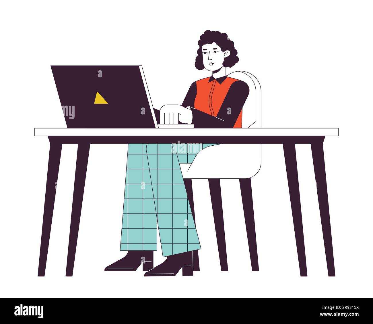 Female office worker sitting at desk with laptop flat line color vector character Stock Vector