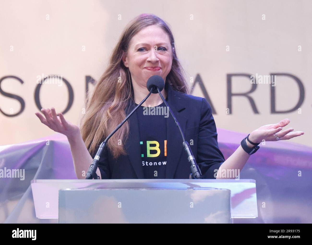 New York, United States. 23rd June, 2023. Chelsea Clinton speaks at Pride Live's Stonewall Day
