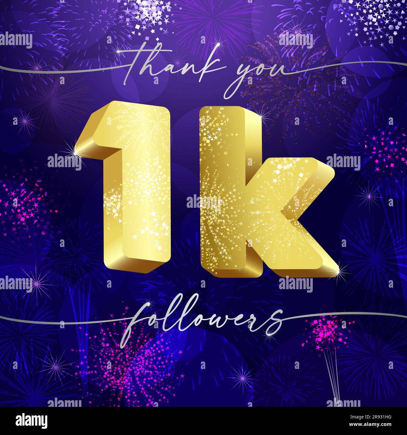 Thank you 1k followers creative poster. Shiny thanks for 1000 network subscribers.  1 000 likes celebration. Golden number 1 and letter K. 3D style Stock Vector