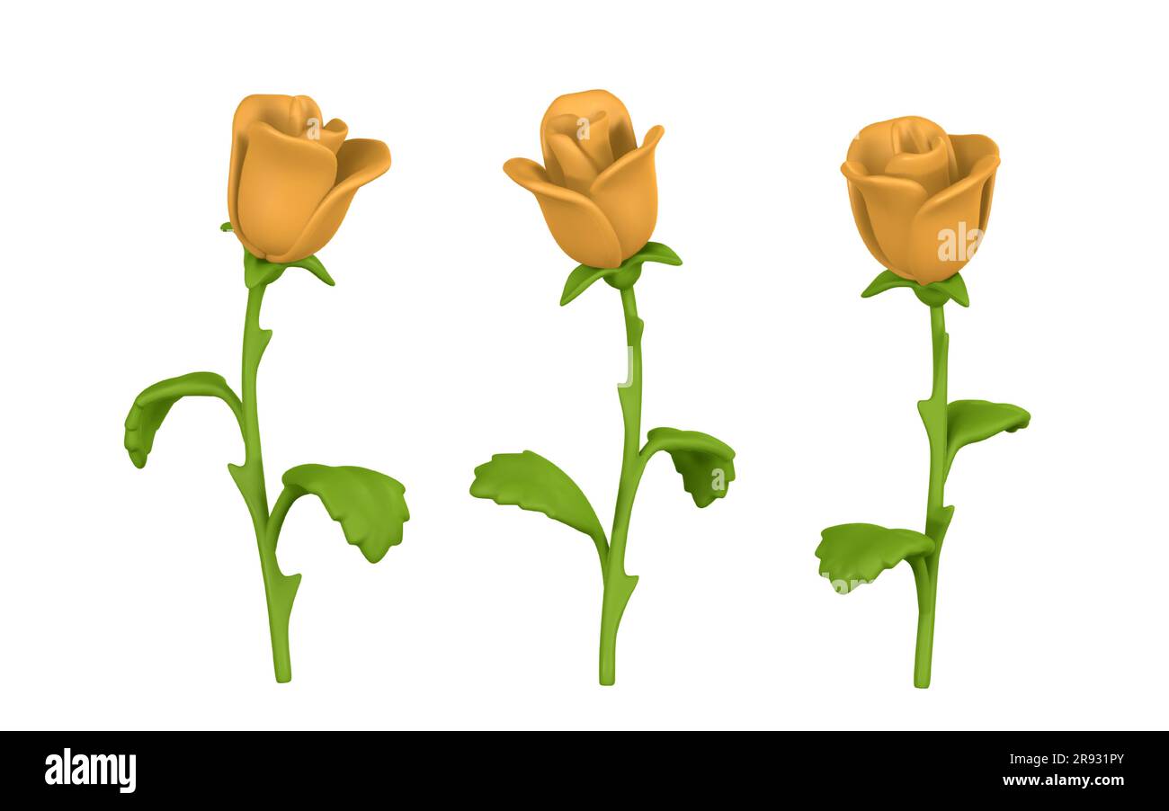 Three Roses Cartoon 3D flower. Cute yellow rose in cartoon style for bouquet or decoration ...