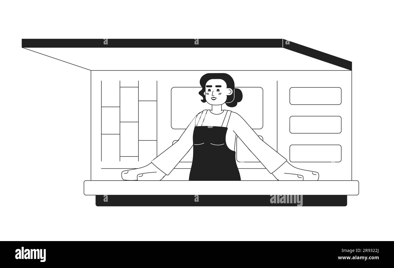 Woman inside food track monochromatic flat vector character Stock ...